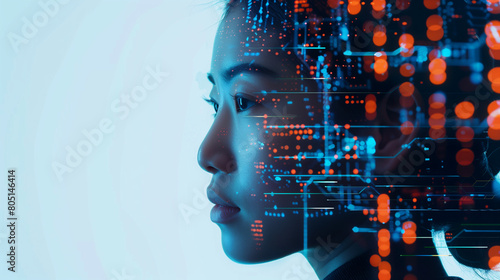 side profile portrait of an asian Chinese young female with a tech pattern overlay, portraying a cyber security analyst of artificial intelligence and the future of ai in the workplace 