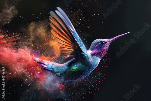 Vibrant hummingbird pollinates amid colorful powder at event photo