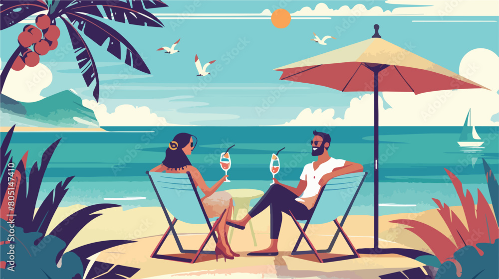 Happy couple spending time at sea resort Vector style