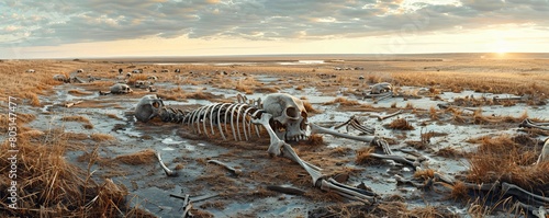 A stark image of various animal bones scattered across a fading grassland, indicating ecosystem collapse