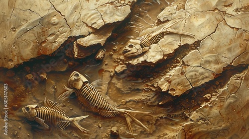 An eerie depiction of fish skeletons on a cracked, dry riverbed, showing habitat destruction