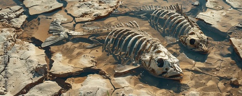 An eerie depiction of fish skeletons on a cracked, dry riverbed, showing habitat destruction