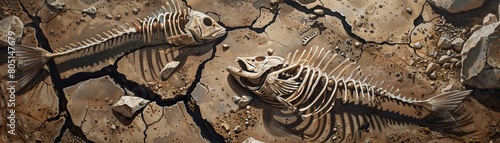 An eerie depiction of fish skeletons on a cracked, dry riverbed, showing habitat destruction