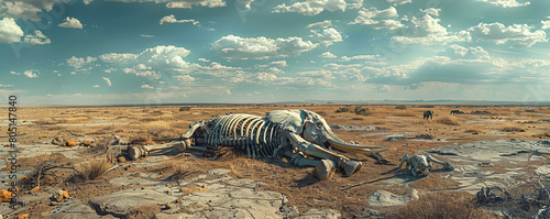 Desolate savannah with elephant skeletons, reflecting severe drought and wildlife decline