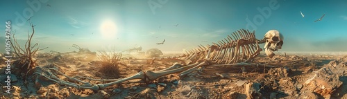 A haunting scene of bird skeletons in a barren, dry landscape, symbolizing biodiversity loss