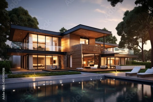 Luxurious Modern sunny house. With green grass. Generate Ai © juliars