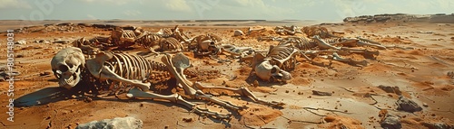 Indicating ecosystem collapse. Scattered array of animal skeletons around a drying oasis, depicting loss of wildlife