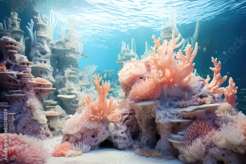 Coral Reef Countdown: Coral formations in an underwater reef counting down to the awakening of a sea deity.