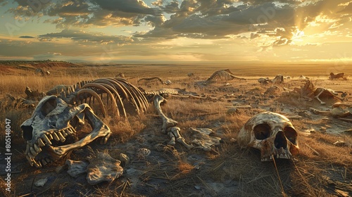 Indicating ecosystem collapse. Scattered array of animal skeletons around a drying oasis, depicting loss of wildlife