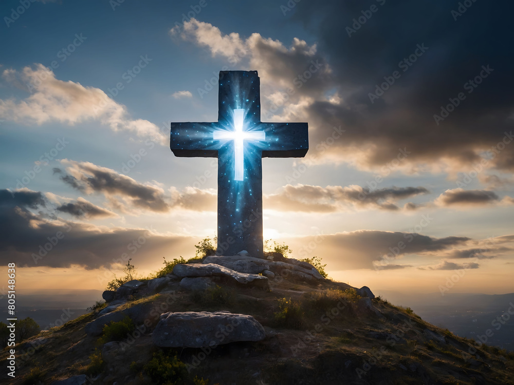 Symbolic cross on Golgotha Hill, enveloped in celestial light and clouds, evoking Jesus Christ's resurrection and the apocalypse.