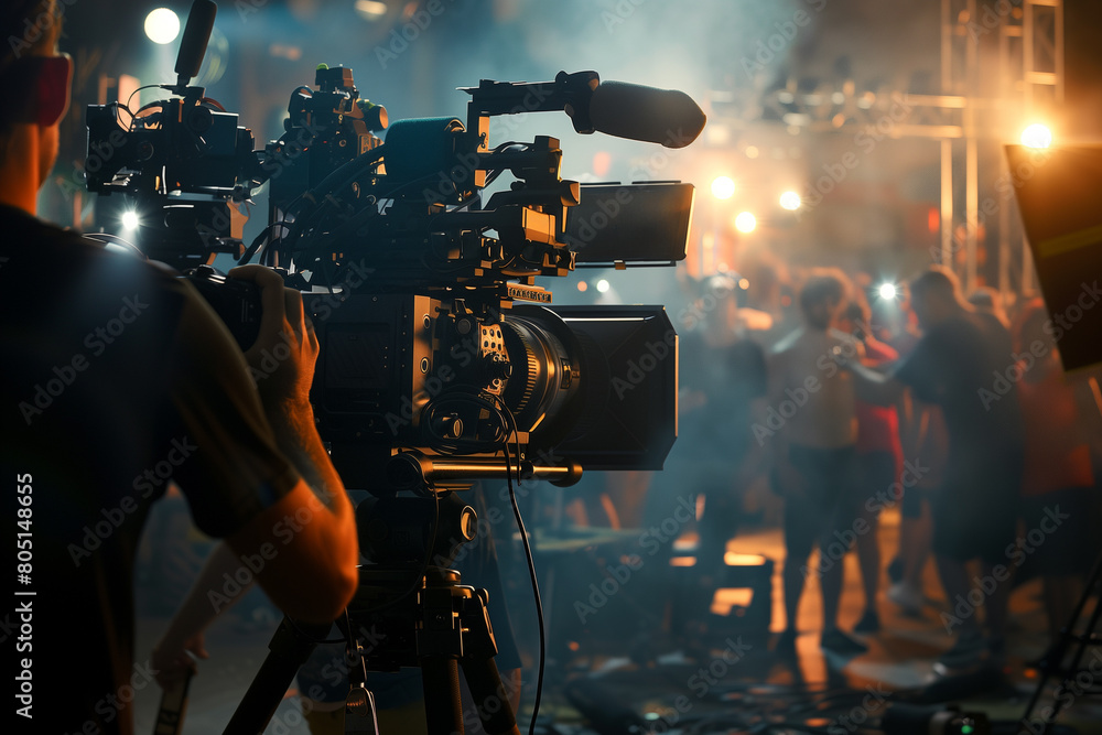 Fototapeta premium Behind-the-scenes view of a film crew working on a set under intense lighting conditions.