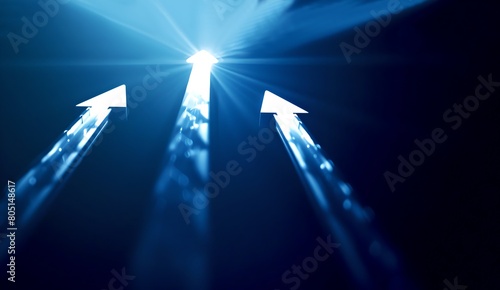 Bright arrows soaring upwards in blue light, symbolizing growth and success. Ideal for corporate concepts and motivational material. AI
