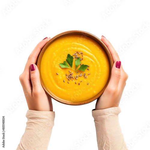 hands holding a bowl of soup on transparent background, clipping path, png, 