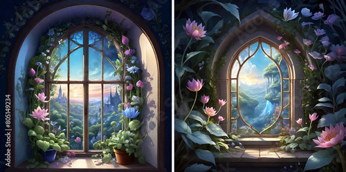 Beautiful windows decorated with flowers and a view of a fantasy landscape - Illustrations on transparent background - generative AI