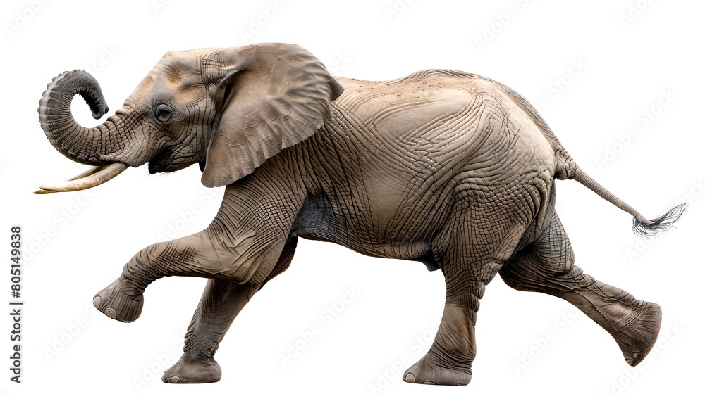 Obraz premium Majestic African Elephant in Stride, Isolated on White Backdrop. Lifelike Detailing in Full Profile View. Perfect for Educational and Marketing Uses. AI