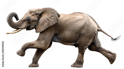 Majestic African Elephant in Stride, Isolated on White Backdrop. Lifelike Detailing in Full Profile View. Perfect for Educational and Marketing Uses. AI