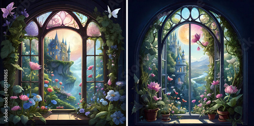 Beautiful windows decorated with flowers and a view of a fantasy landscape - Illustrations on transparent background - generative AI