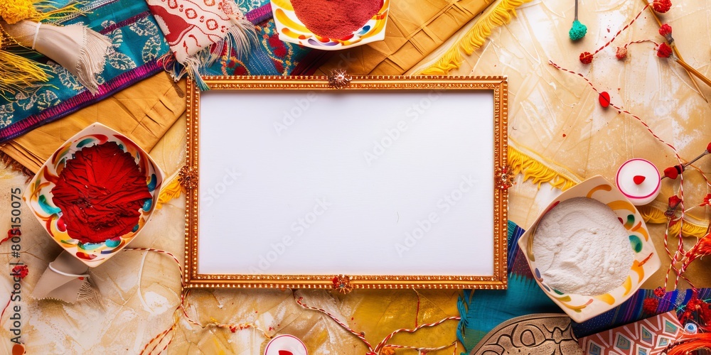 Fototapeta premium Activity picture with frame about Raksha Bandhan on the left on traditional Background, On the right is free space for text