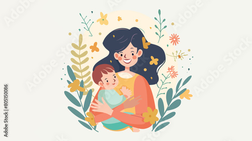 Happy new mother holds her infant baby in her arms. Vector