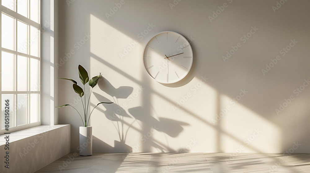 A minimalist, creamy white wall with a sleek, modern clock in silver.
