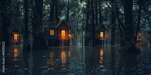 A group of small houses are floating in a flooded area © Stelena
