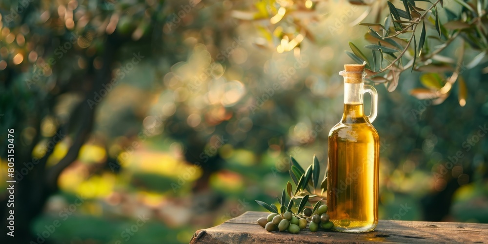 A bottle of olive oil is sitting on a wooden table in a lush green field A bottle of olive oil is sitting on a wooden table in a lush green field