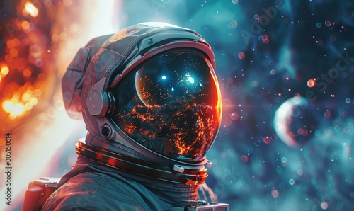 Detailed close-up of an astronaut in a reflective visor with a spaceship orbiting a vibrant planet in the background