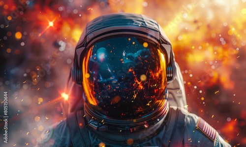 Detailed close-up of an astronaut in a reflective visor with a spaceship orbiting a vibrant planet in the background © Onchira