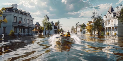 A boat is driving through a flooded street with a man in a yellow life jacket photo