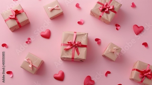 Marketing, floating hearts and gift-wrapped boxes on pink background