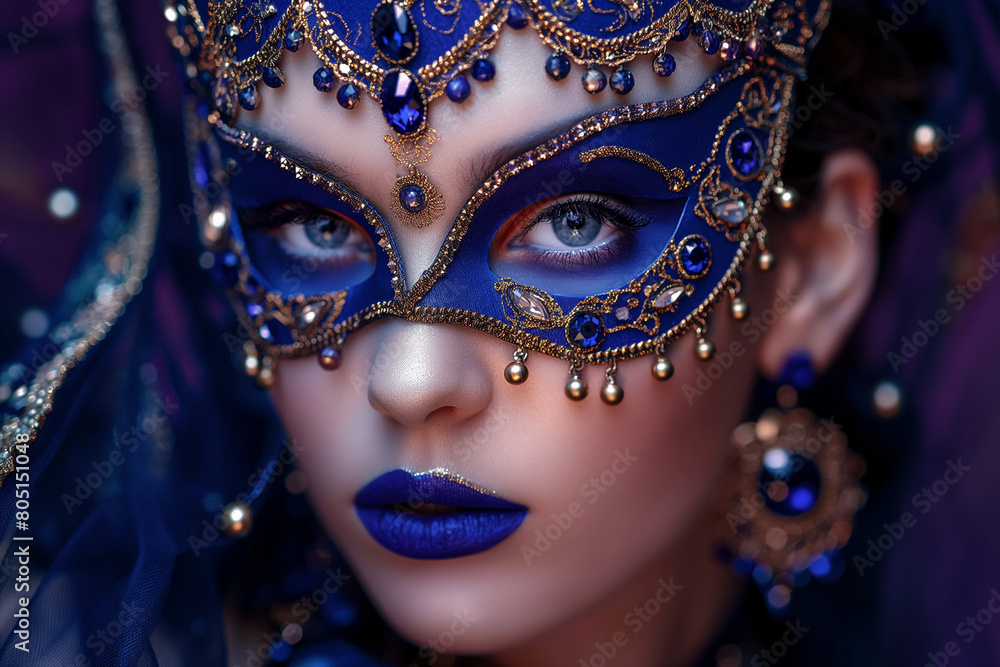 Portrait of a girl in a blue carnival mask, makeup in blue shades