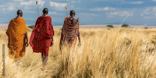 Three men walking in a field wearing traditional African clothing