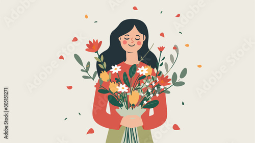 Happy woman holding a bouquet of flowers. Vector fest
