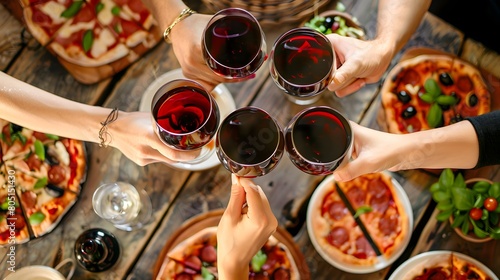 A family is having a pizza party dinner. Friends are clinking glasses with red wine over a rustic wooden table with various kinds of Italian pizza.