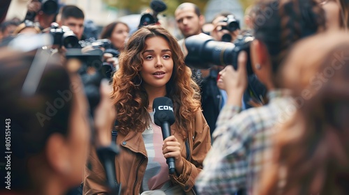 A female celebrity gives an interview to journalists. VIP woman in casual clothes surrounded by paparazzi photo