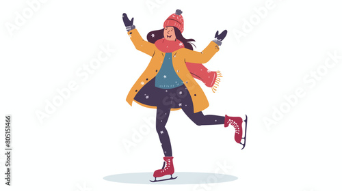 Happy woman in winter clothes and with ice skates on