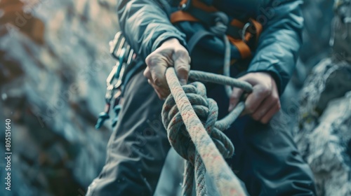 mid section view of a male rock climber tying a knot in a rope