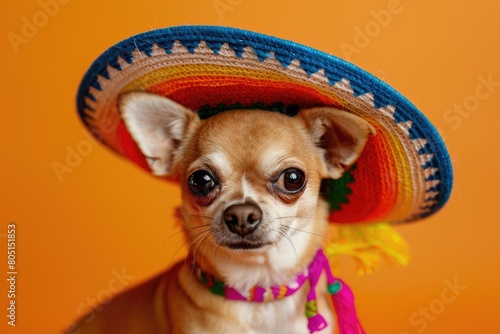 Holiday Animals: Adorable Chihuahua Dog Wearing Colorful Sombrero for Mexican Celebration © AIGen
