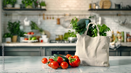Eco friendly reusable shopping bag with fresh vegetables on marble table in kitchen. digital art photo