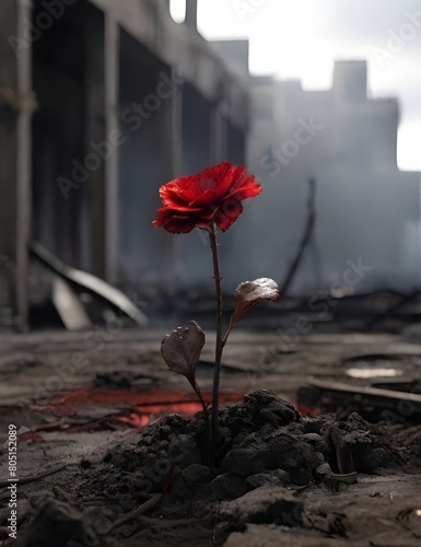 a lone flower growing in a a place covered in ash and destruction