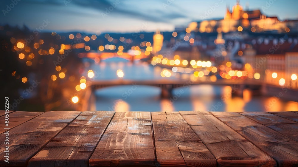 Empty wood table top of coffee house or restaurant and a blurred old european city at night with bok Empty wood table top of coffee house or restaurant and a blurred old european city at night with bok