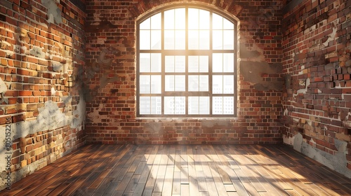 Empty room with window and flooring. Brick wall in loft interior mockup. Studio or office blank spac © Basketball