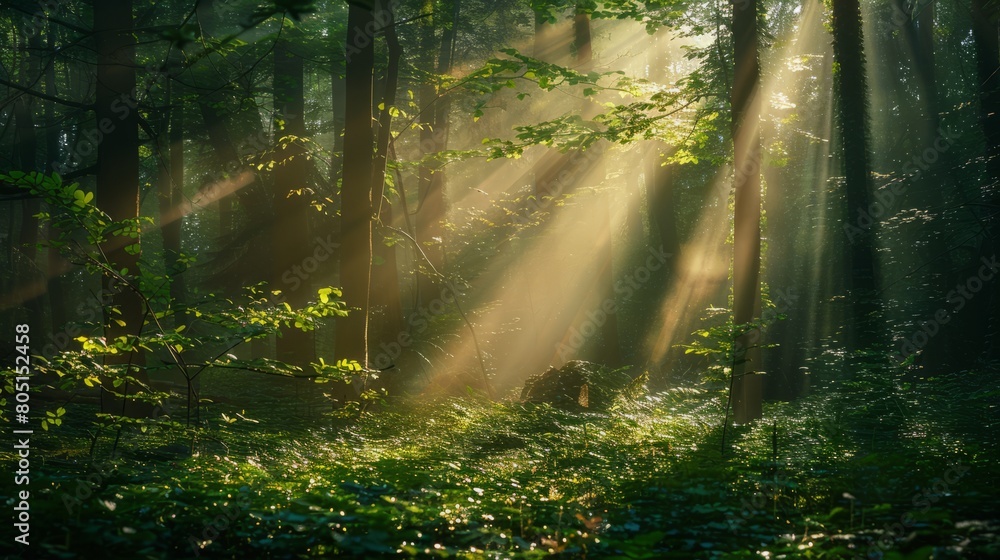 Beautiful Sunlight Beams Casting a Golden Glow in the Verdant Forest