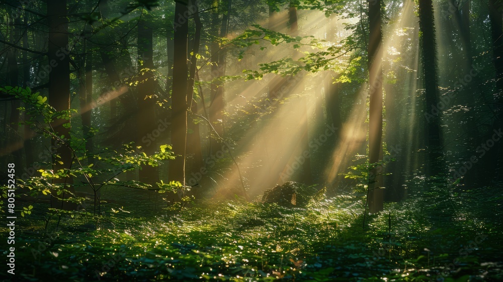 Obraz premium Beautiful Sunlight Beams Casting a Golden Glow in the Verdant Forest