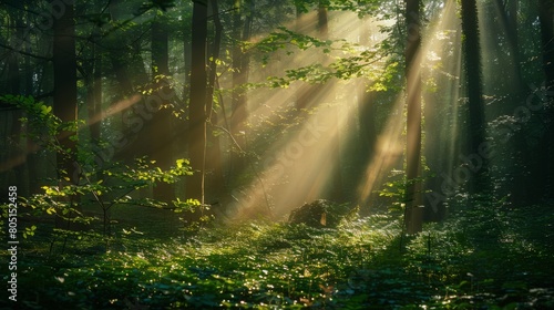Beautiful Sunlight Beams Casting a Golden Glow in the Verdant Forest © lander