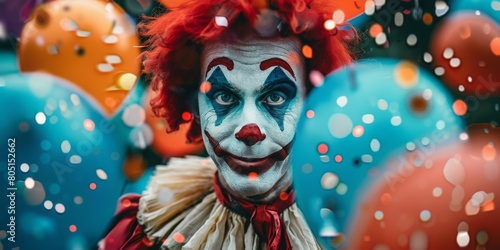 A clown with blue and red face paint is surrounded by a bunch of balloons