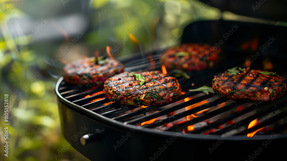 Grilled Vegan Burgers on Outdoor Barbecue.