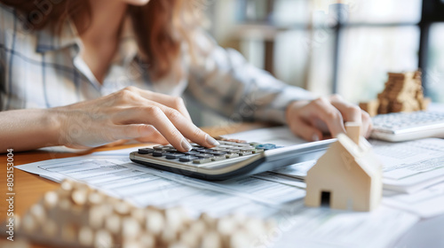 close-up of woman using calculator for house renovation budgeting calculation, cost of construction