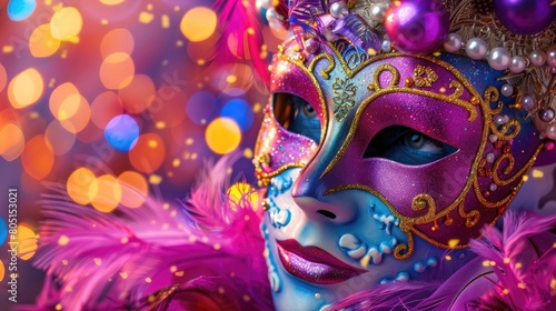 Masquerade mask in festive colors on purple and pink background