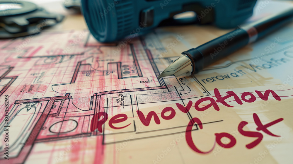 close-up of floor plans for home renovation or makeover, cost of construction, budgeting close-up of floor plans for home renovation or makeover, cost of construction, budgeting